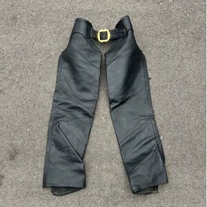 Hog Skins Black Leather Motorcycle Chaps Brass Buckle Made in USA Mens XS M